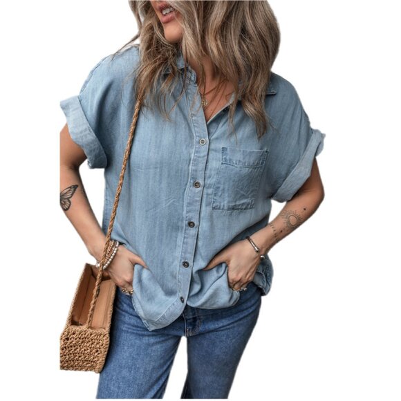 💙 Dusk Blue Rolled Sleeve Denim Button-Up Shirt – Size M - Picture 1 of 8